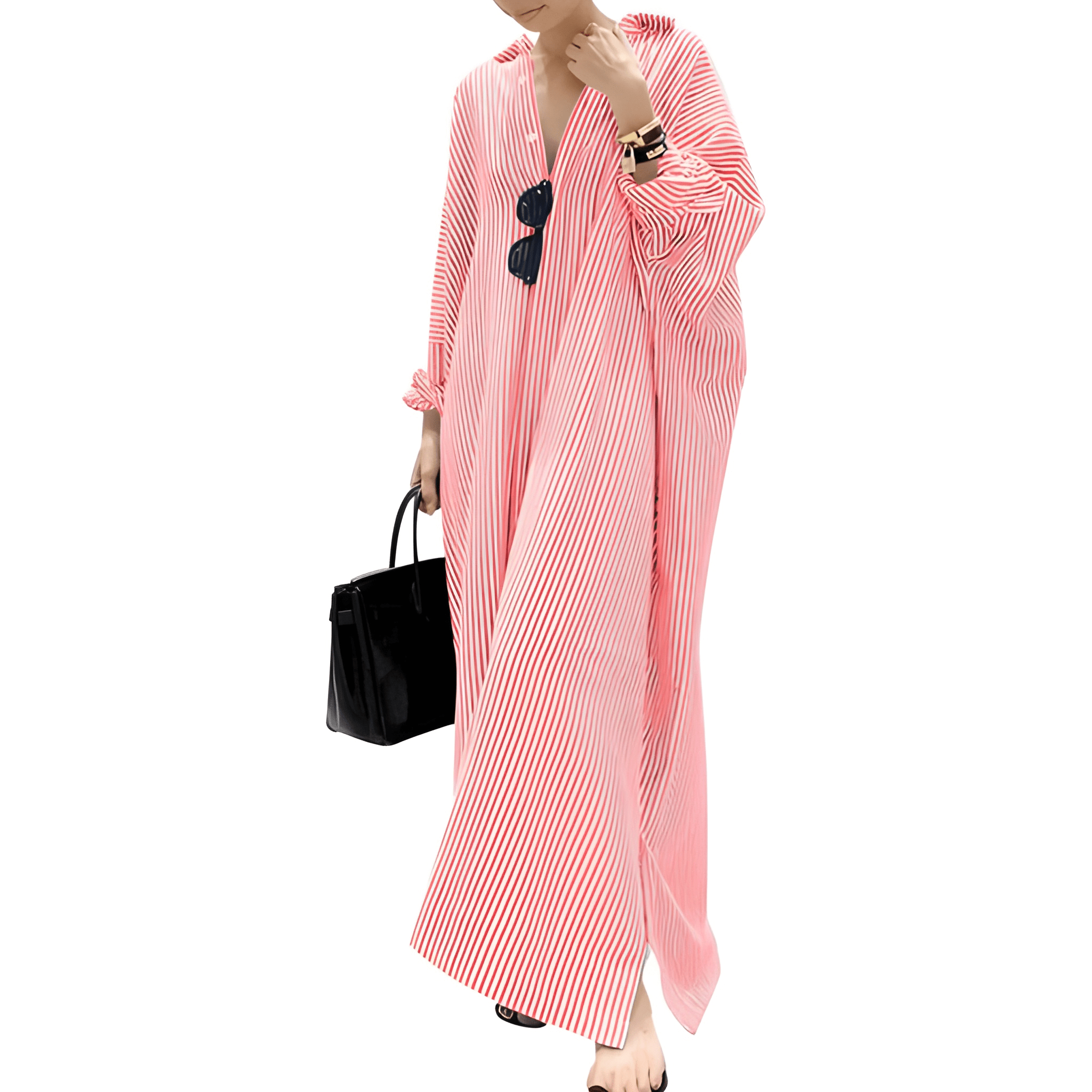 Striped Loose Cotton Maxi Shirt Dress for Women