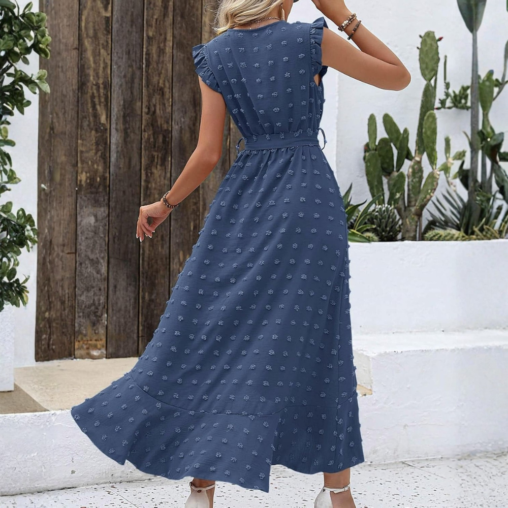  Summer Cap Sleeve Swiss Dot Flowy Ruffle Cocktail Maxi Dress For Women