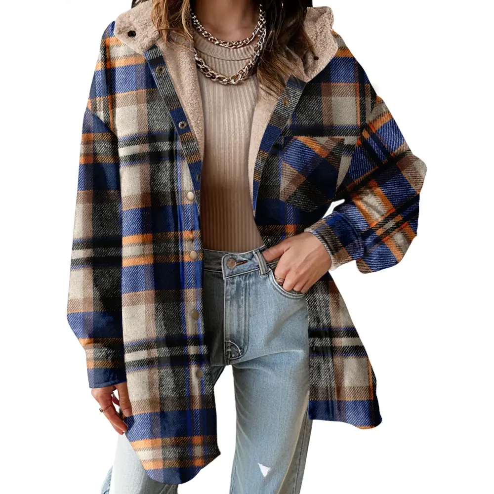 Casual Button Down Plaid Fleece Jacket With Hood For Women
