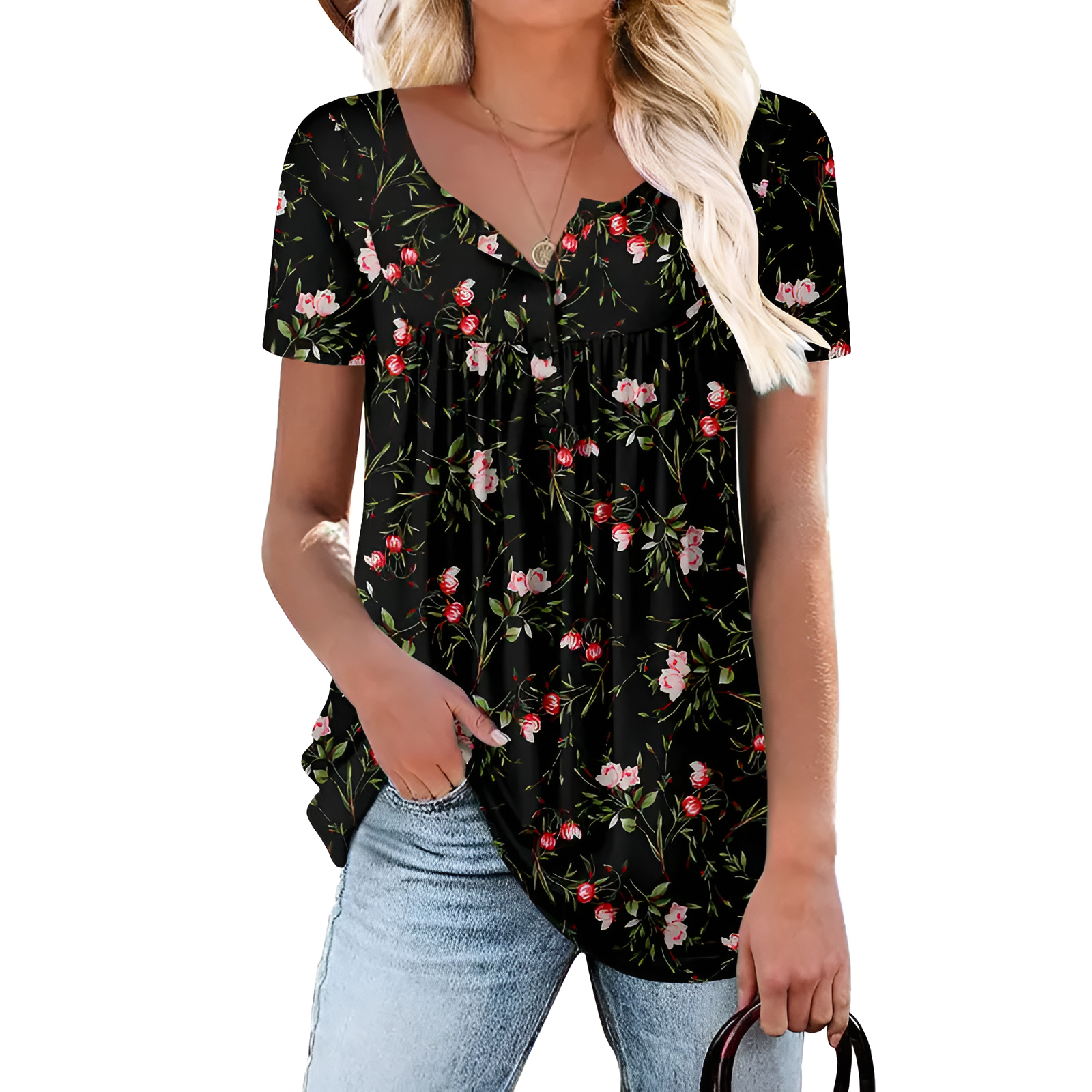 Floral Print Short Sleeve Summer Tunic Top Loose Fit Blouse