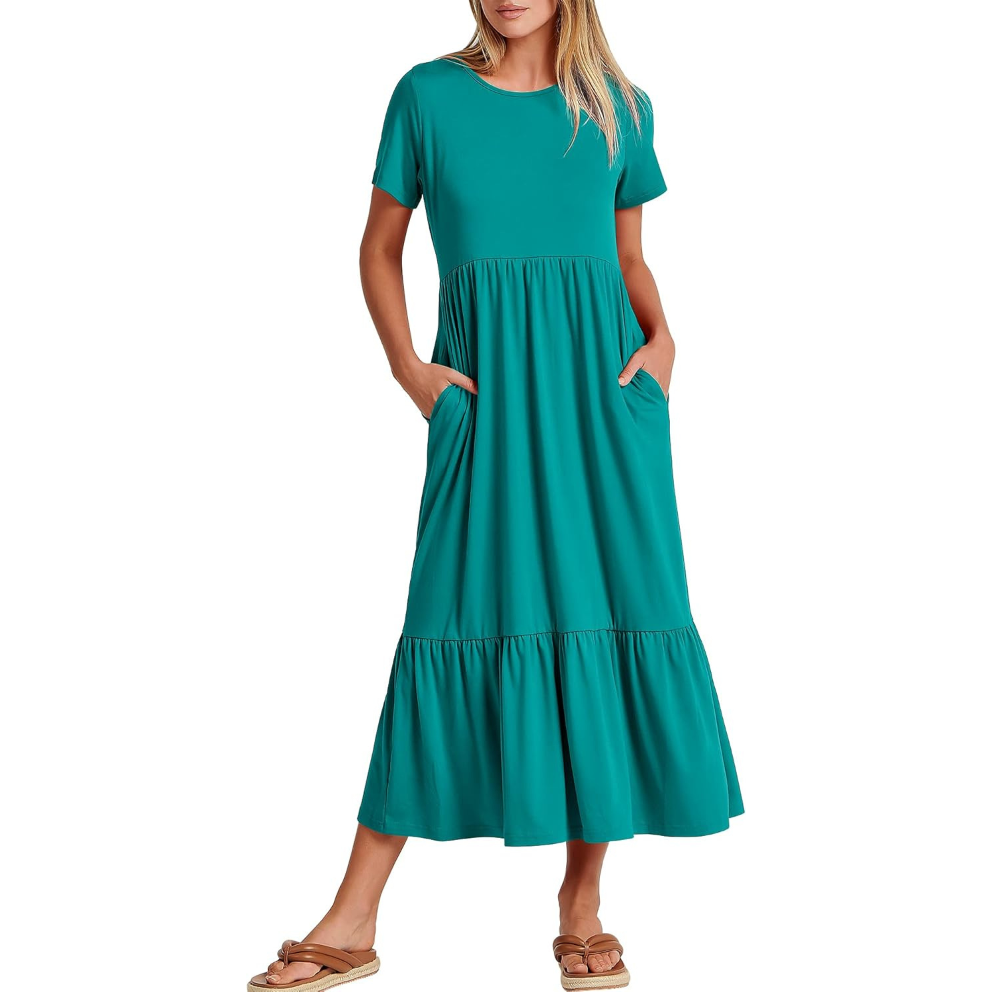 Casual Tiered Maxi T Shirt Dress with Pockets