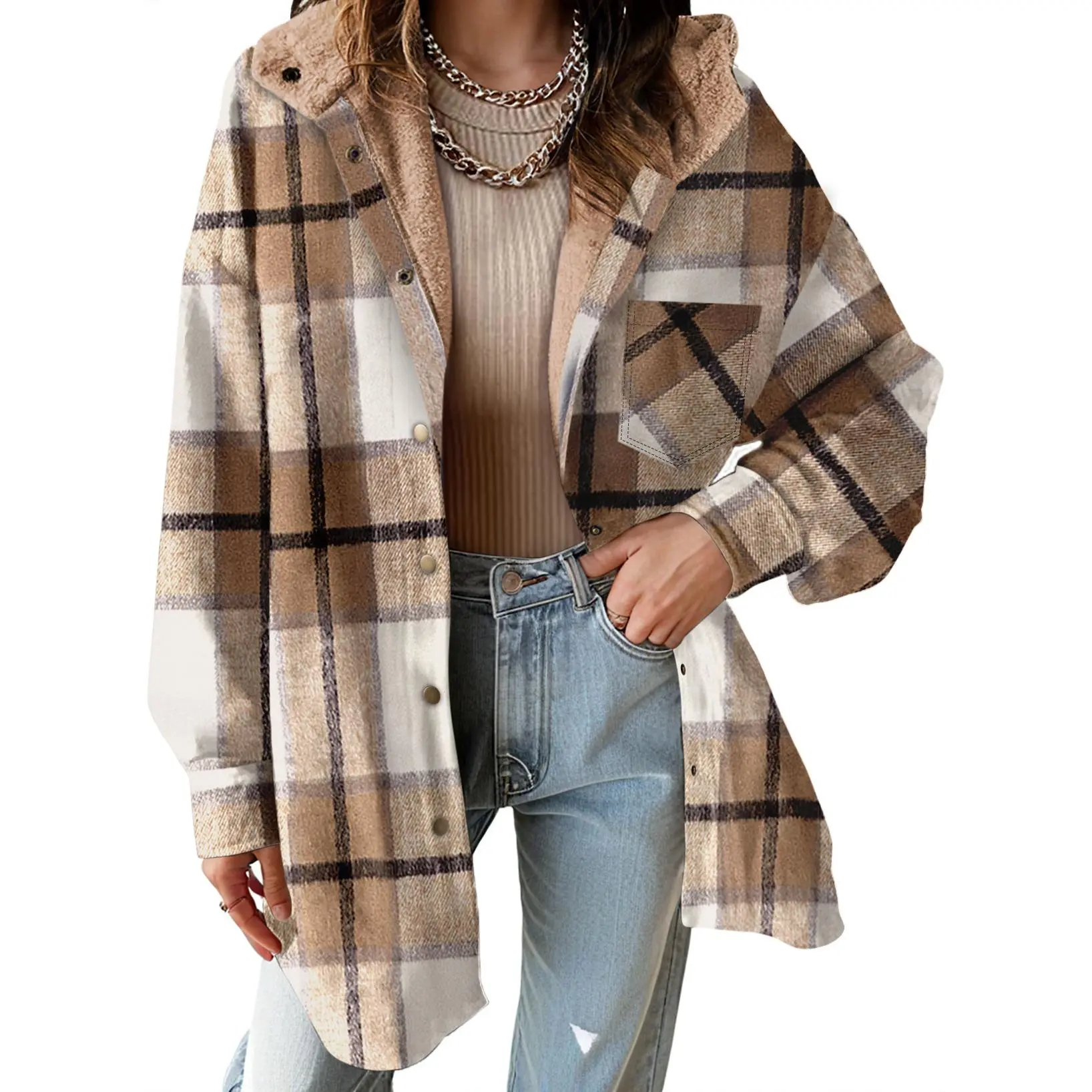 Casual Button Down Plaid Fleece Jacket With Hood For Women
