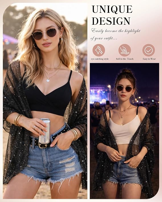 Black sheer sequin shawl wrap styled as an open cover-up, shown on two women at outdoor festivals. Left: worn over a black crop top and denim shorts. Right: worn over a white tank top at a night event.
