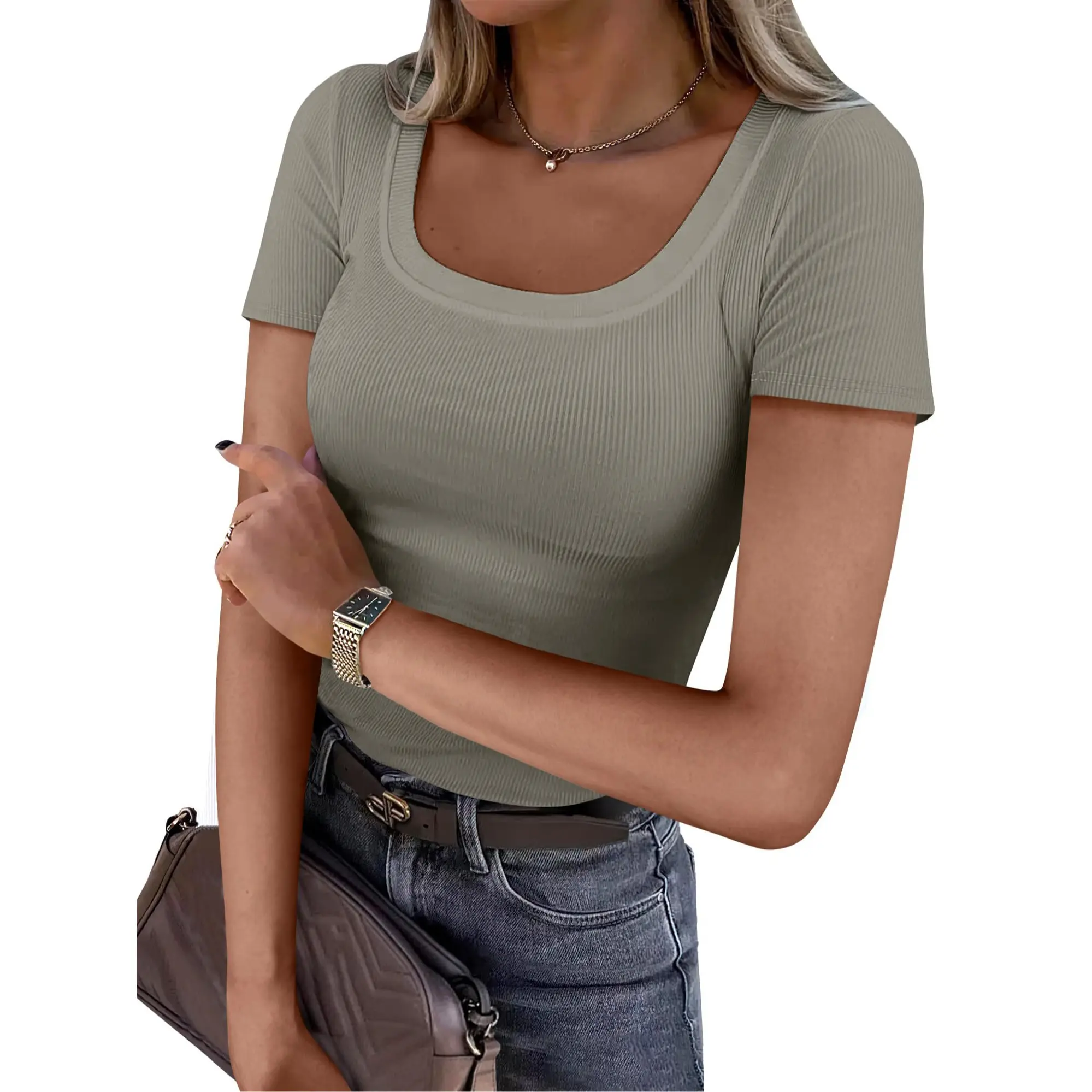 Short Sleeve Summer Trendy Casual Ribbed Knit Slim Fitted Basic  Minimalist Blouse Top
