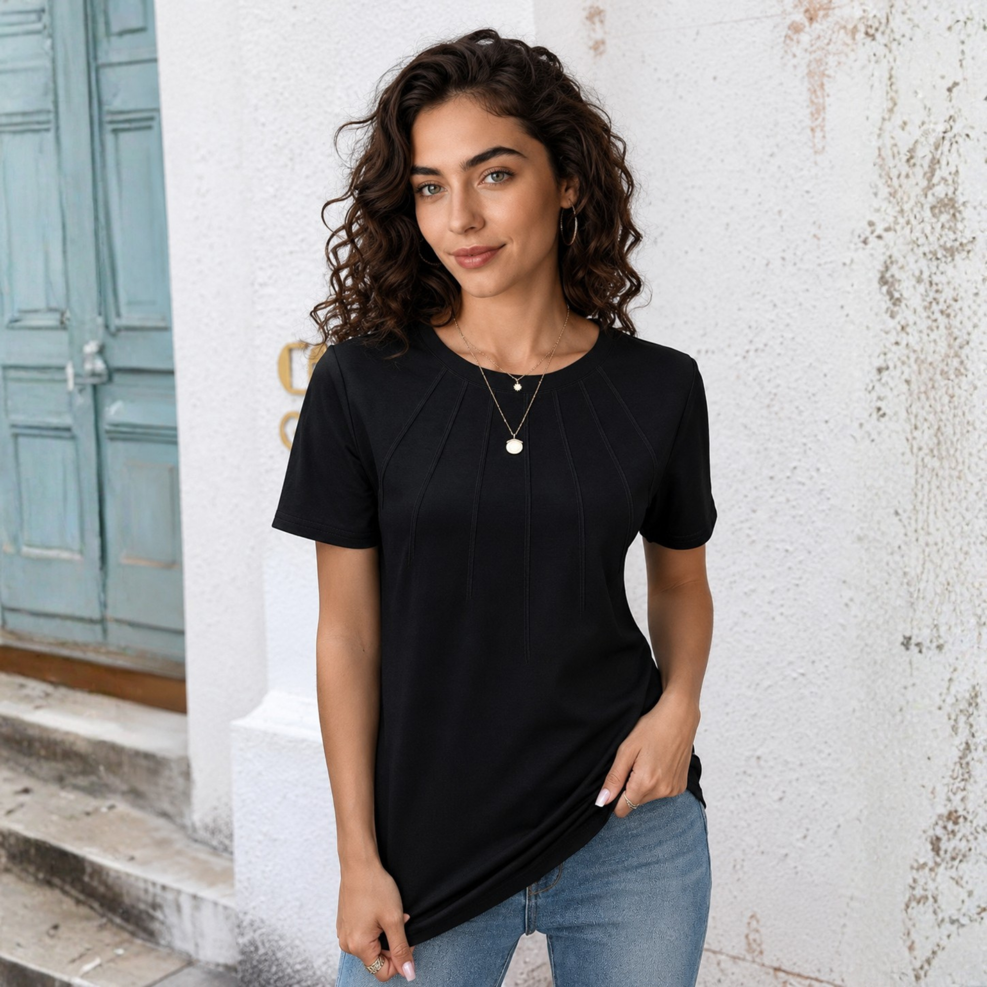  Womens Fashion Casual Crew Short Sleeve Pleated Tops Blouses 