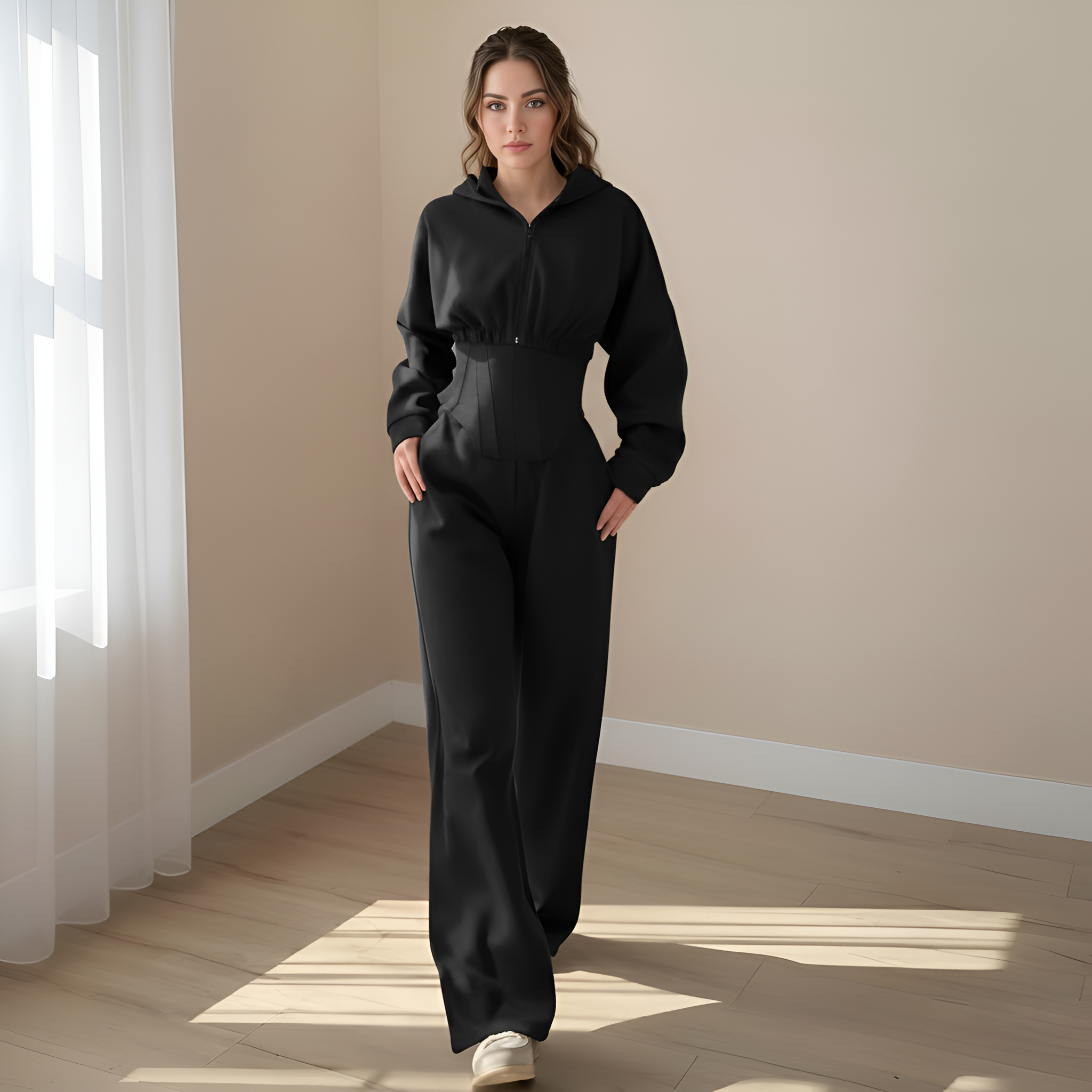 Three Piece Corset Lounge Set With Cropped Hoodie And Loose Pants