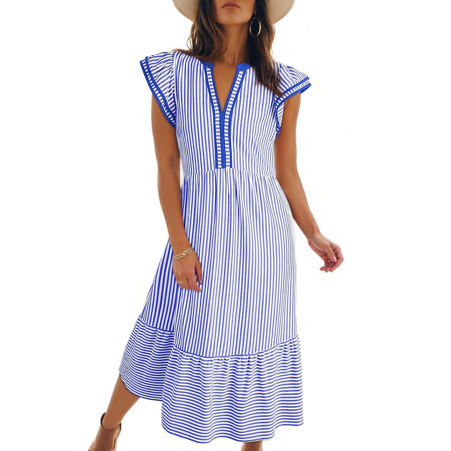 Summer Striped Ruffle Sleeve Midi Dress With Pockets