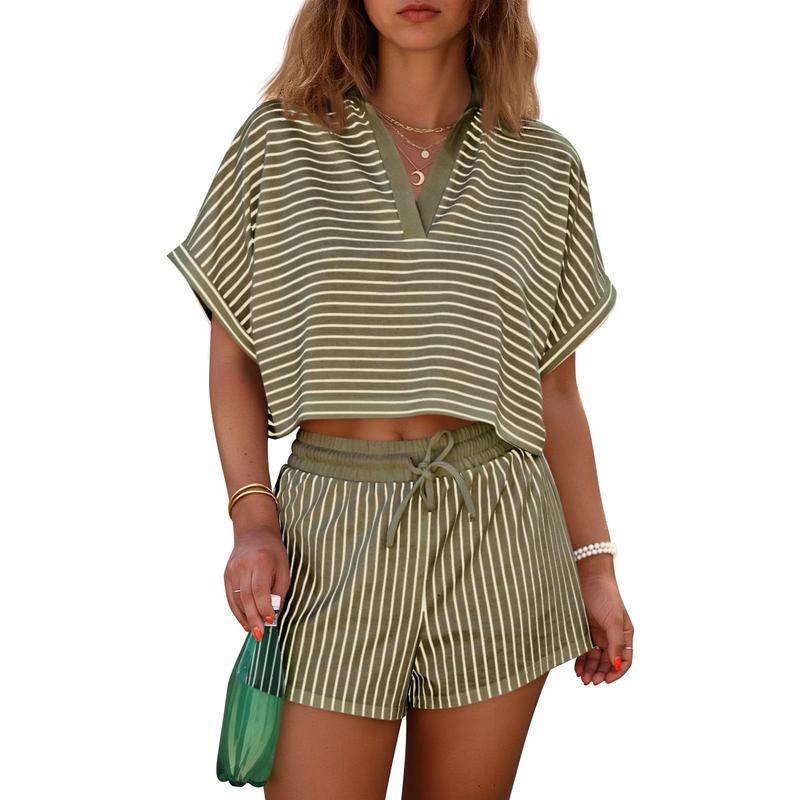 2 Pieces Short Sleeve Striped Matching Set For Women