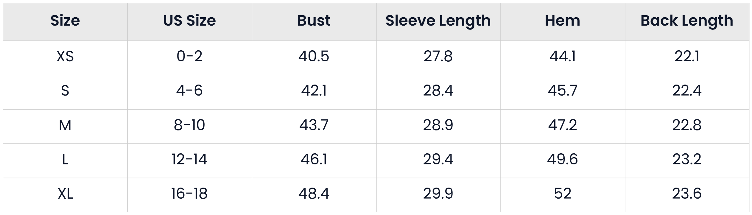 Size Chart for Casual Short Trench Jacket With Plaid Lining For Women