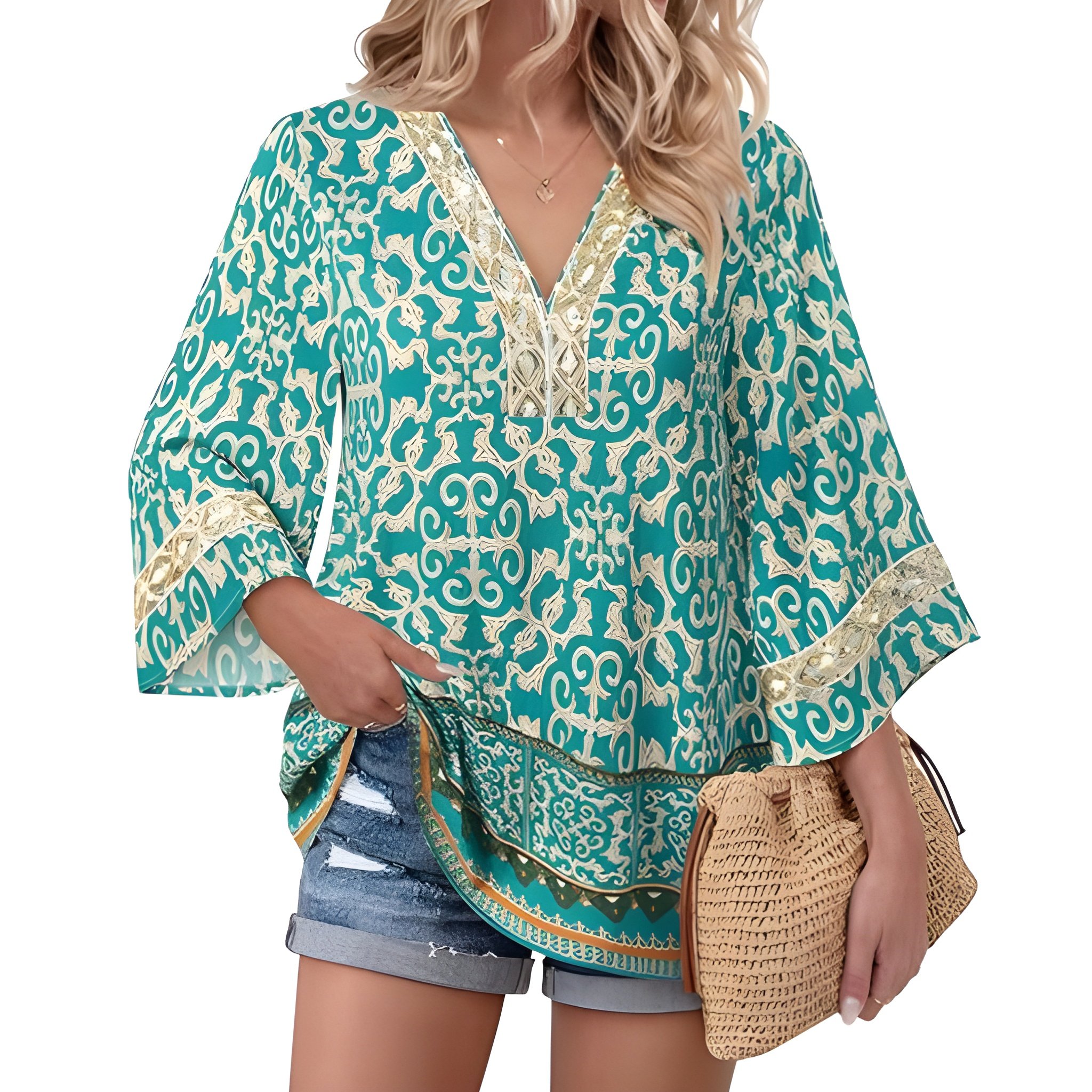 Women Boho Style Embroidered Sleeve Tunic Blouse For Casual Wear