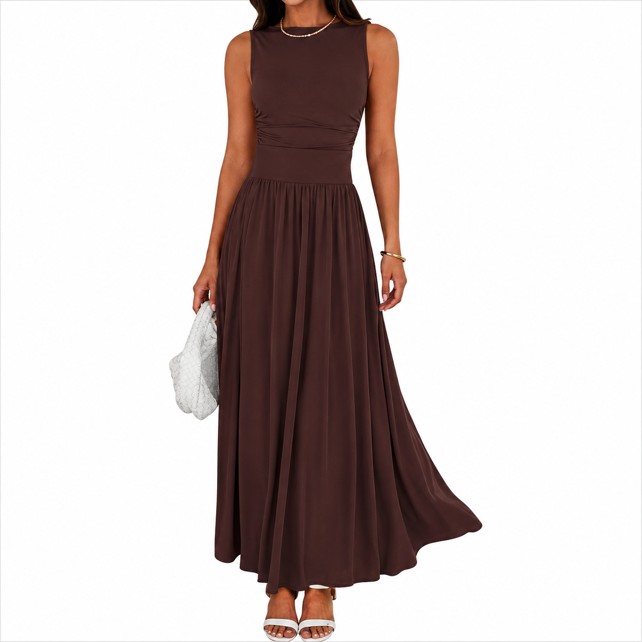 Flowy Sleeveless Maxi Sundress With Ruched Detail For Women