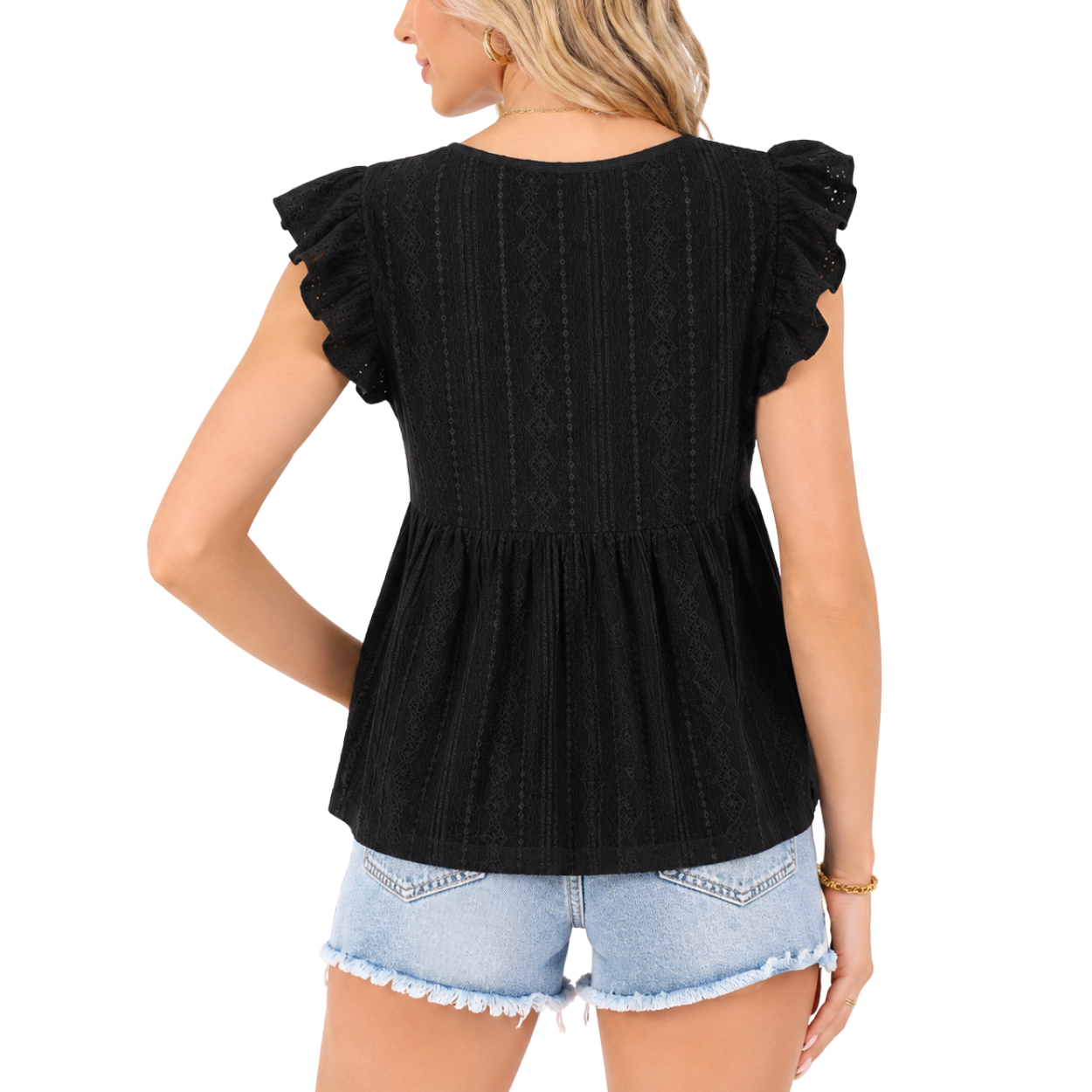 Lace Trimmed V Ruffled Sleeve Flared Eyelet Tank Blouse