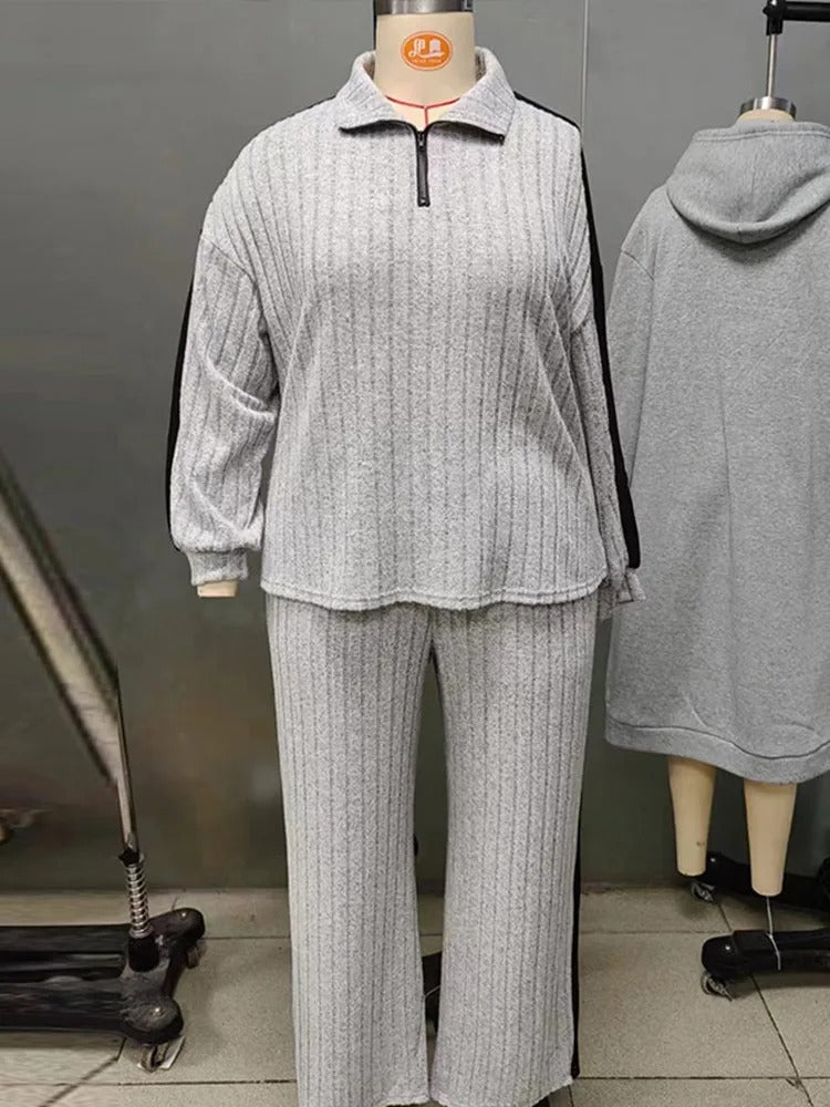 Knitted  Loose Fit Striped Patterned Tops And Pants Set-My Comfy Blouse