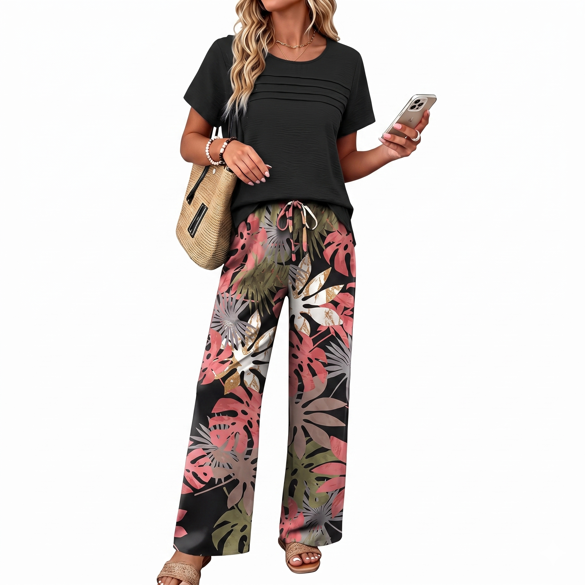 Pleated Front Top Wide Pants Lounge Set