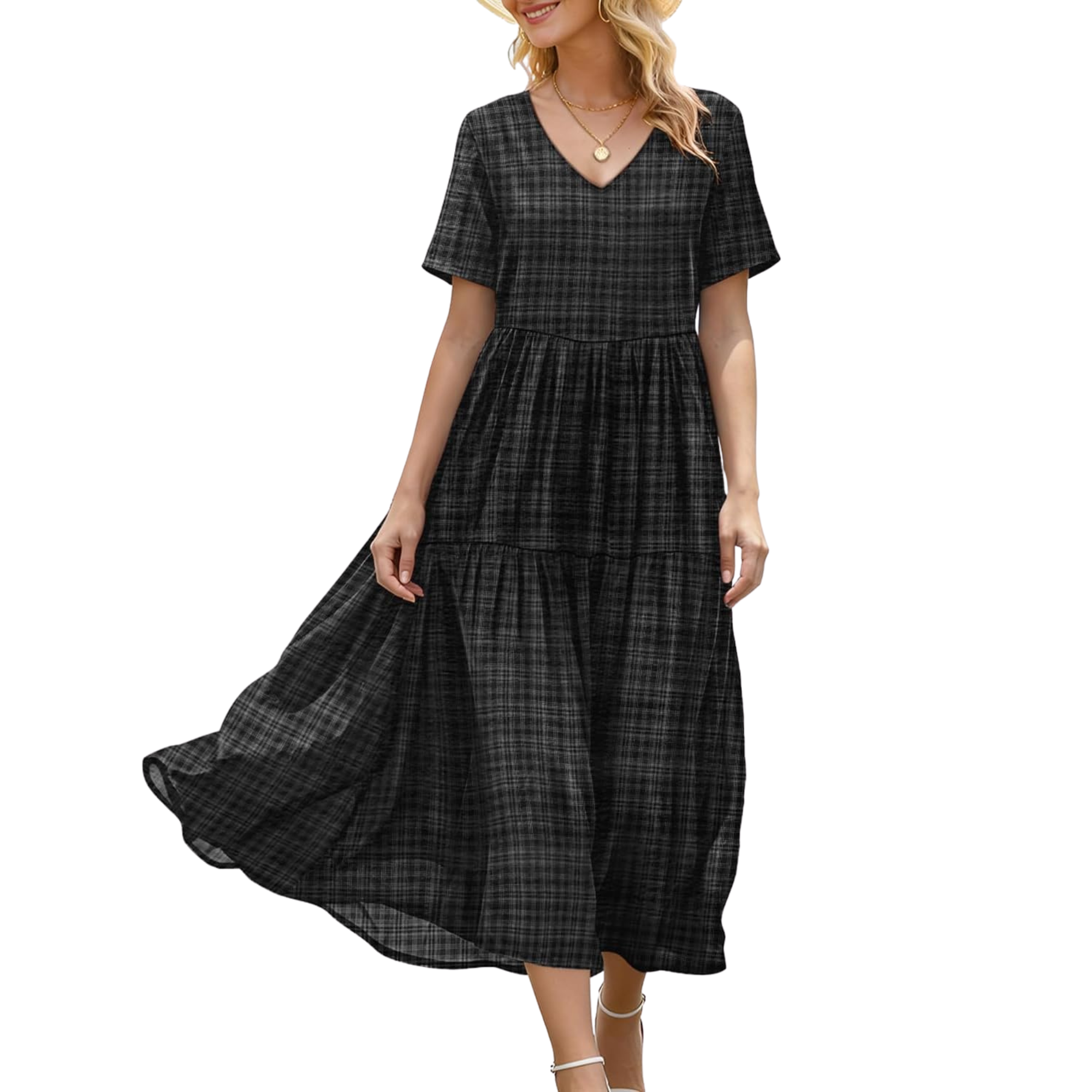 Floral V Neck Boho Maxi Swing Dress with Pockets