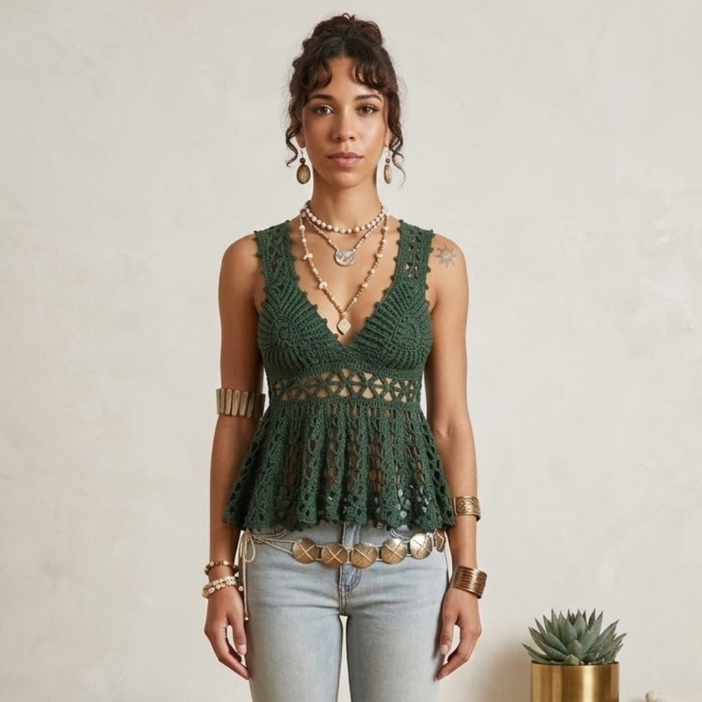 Crochet Peplum Top Pattern With Floral Waistband And Flared Hem