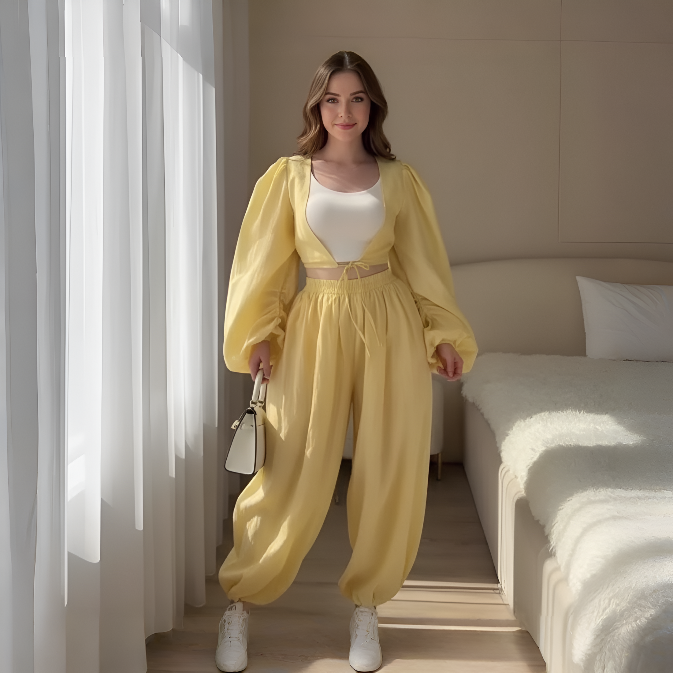 Puff Sleeve Crop Top And Pants Set