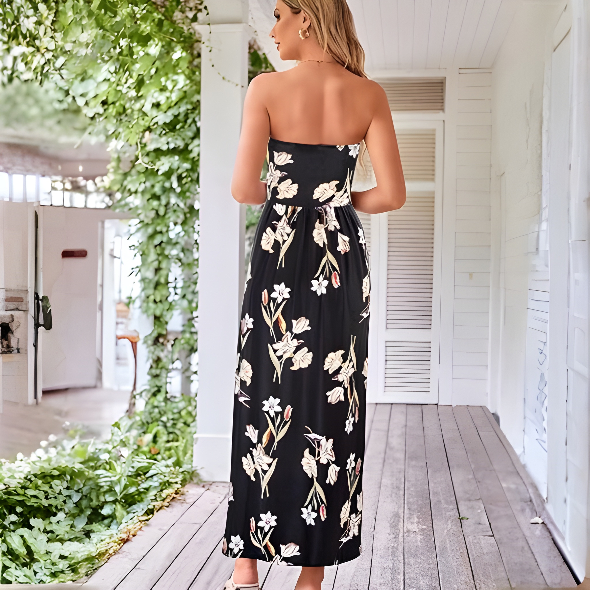 Casual Loose Strapless Ruched Long Maxi Dress Pockets For Women