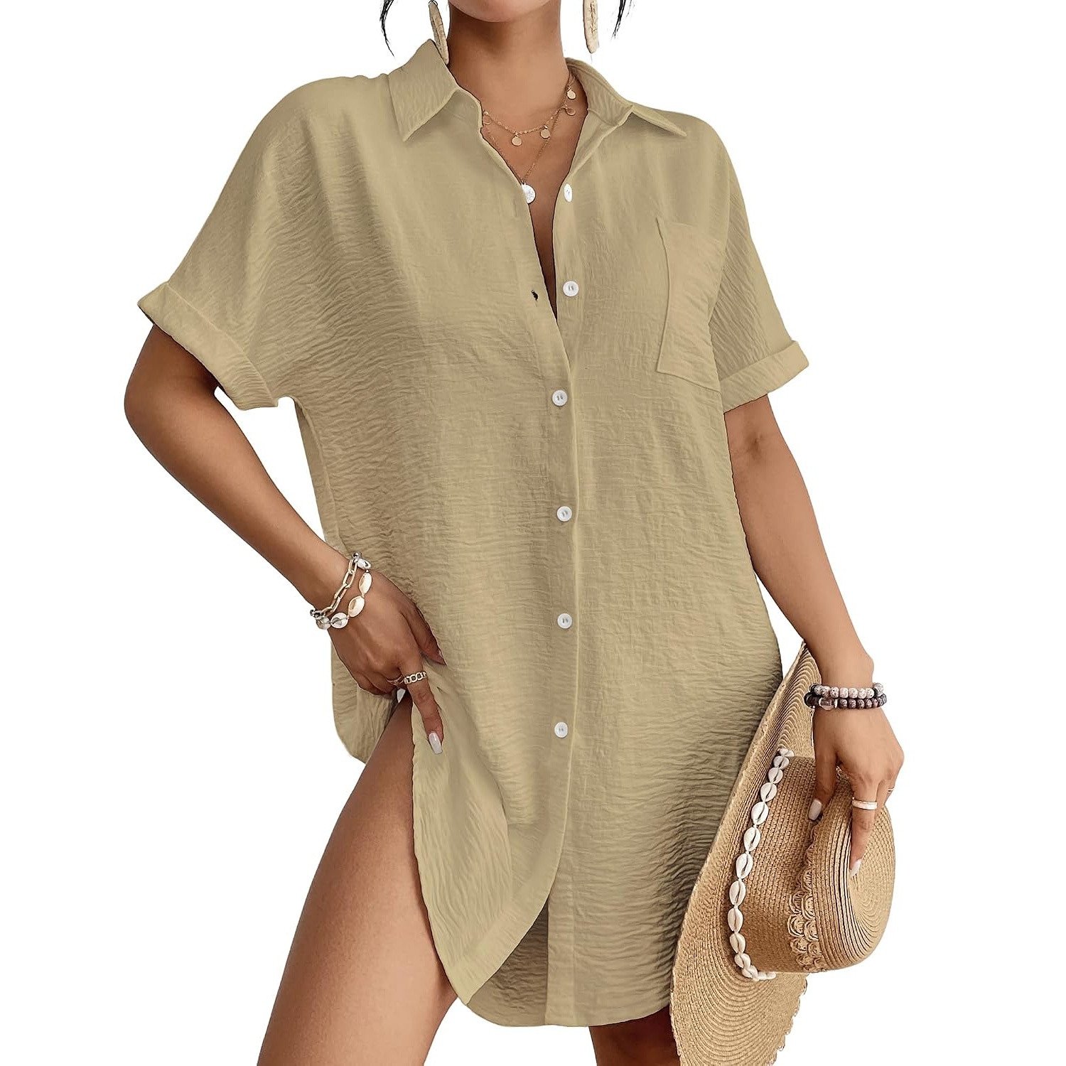 Coverup Button Down Bathing Shirt Cover For Women
