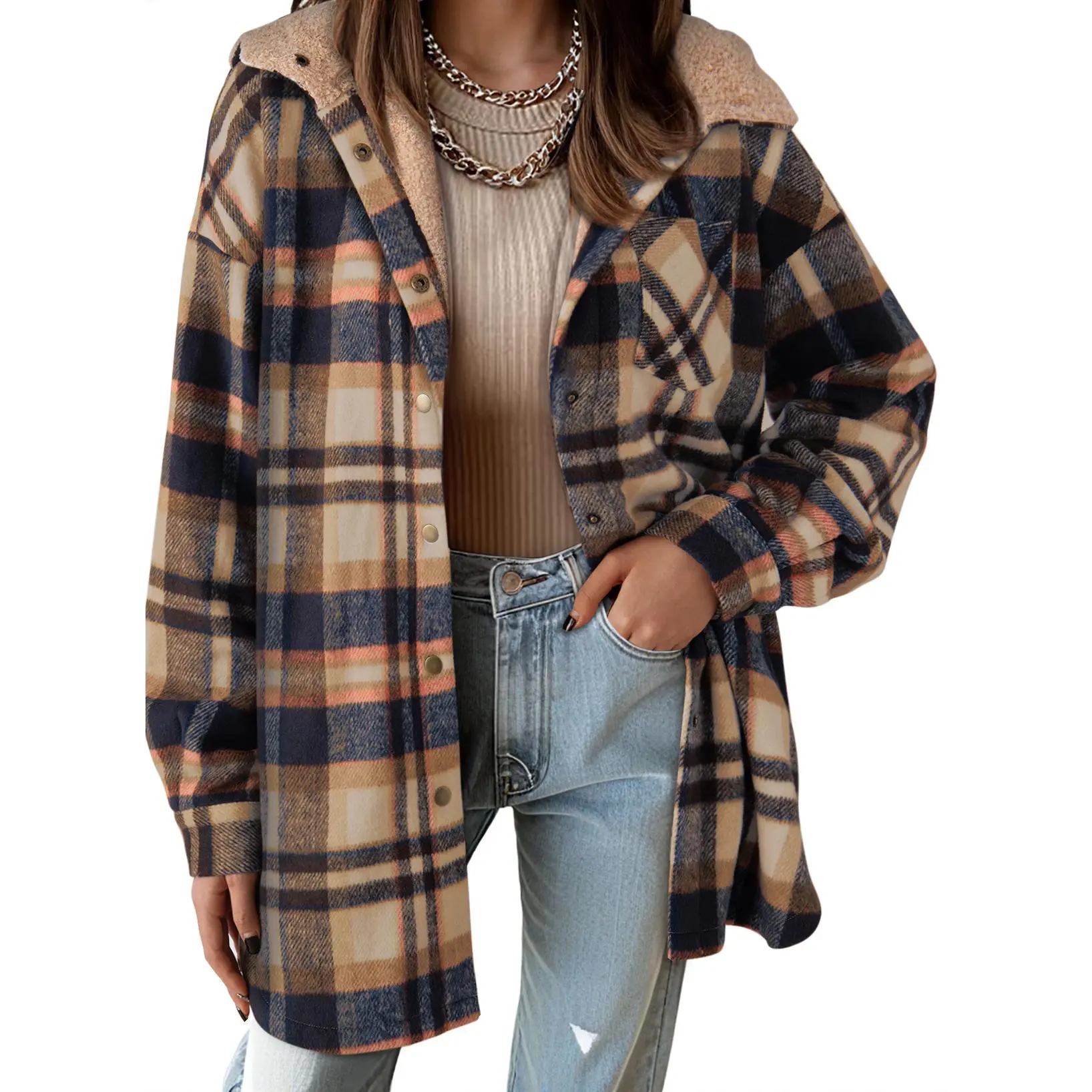 Casual Button Down Plaid Fleece Jacket With Hood For Women