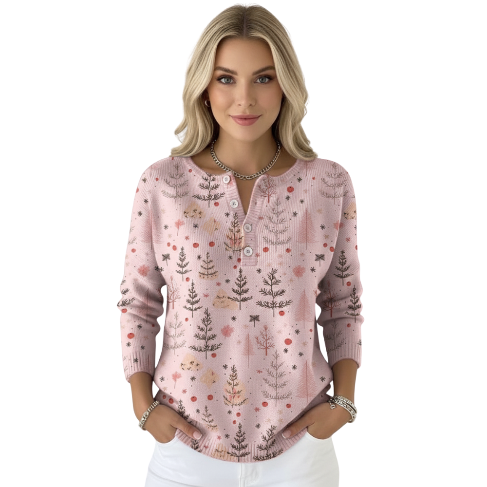 Christmas Tree Print Blouse For Women With Buttons And Floral Accents-My Comfy Blouse