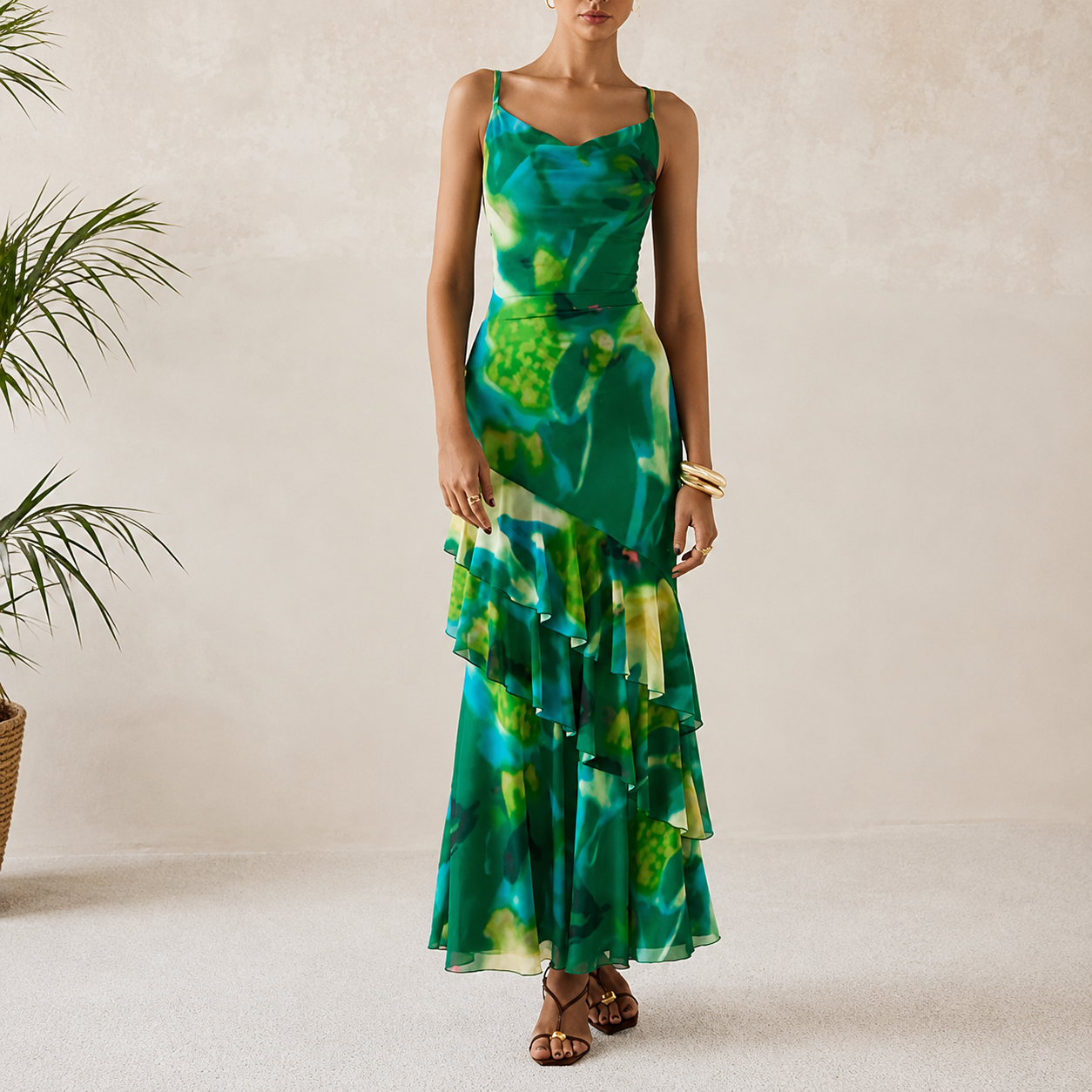 Summer Spring Tiered Floral Beach Maxi Dress Spaghetti For Women