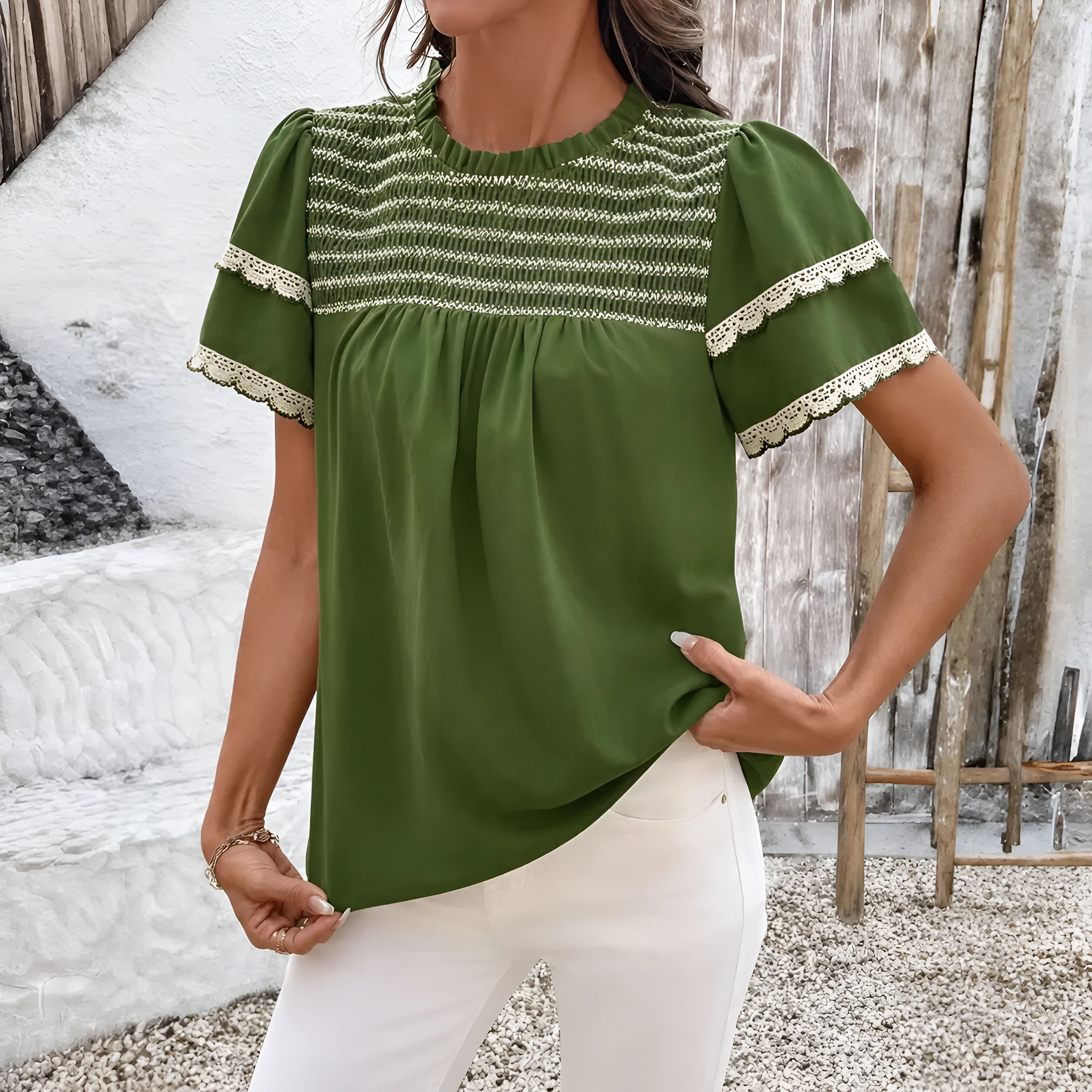 Women Summer Tops Crewneck Ruffle Short Sleeve Casual Pleated Blouses