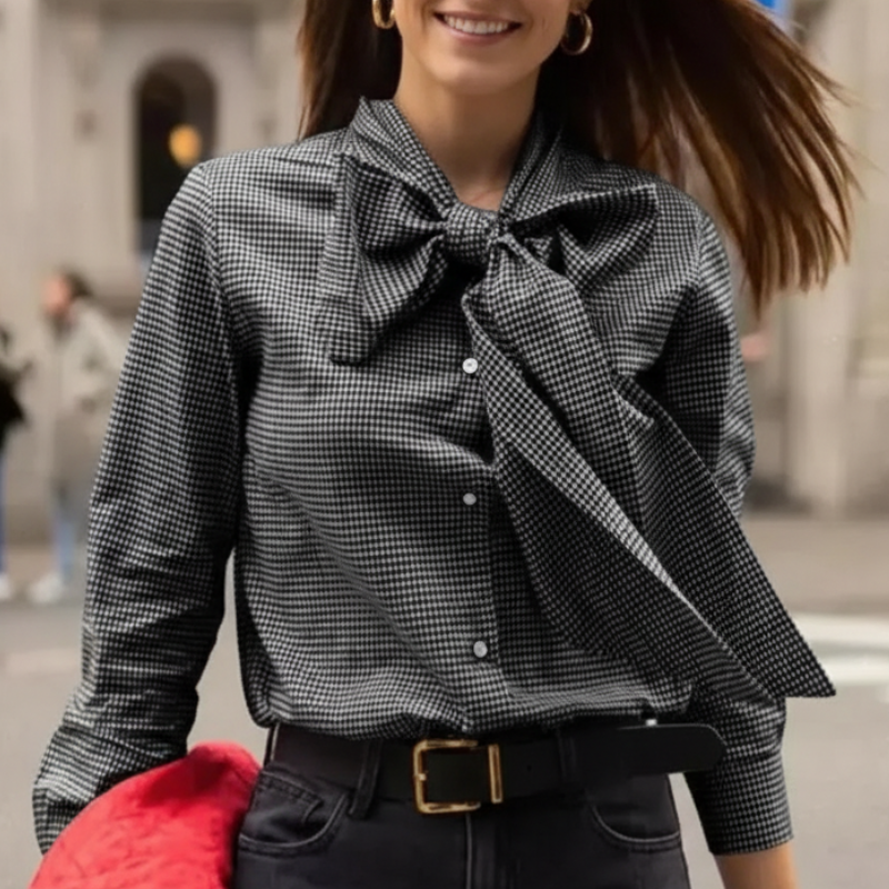 Button Down Long Sleeve Plaid Design Shirt With Bow Tie For Women-My Comfy Blouse