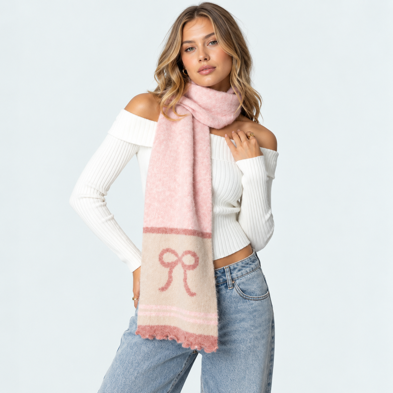 Chunky Bow Color Block Knit Scarf For Women