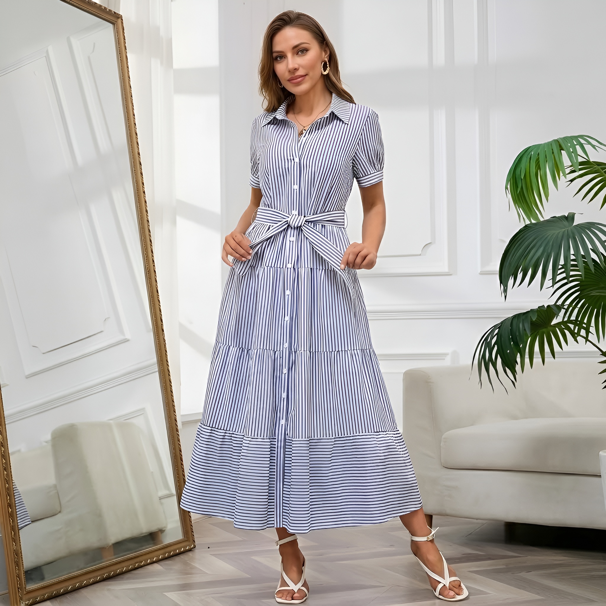 Casual Striped Short Sleeve Ruffled Button Tie Maxi For Women