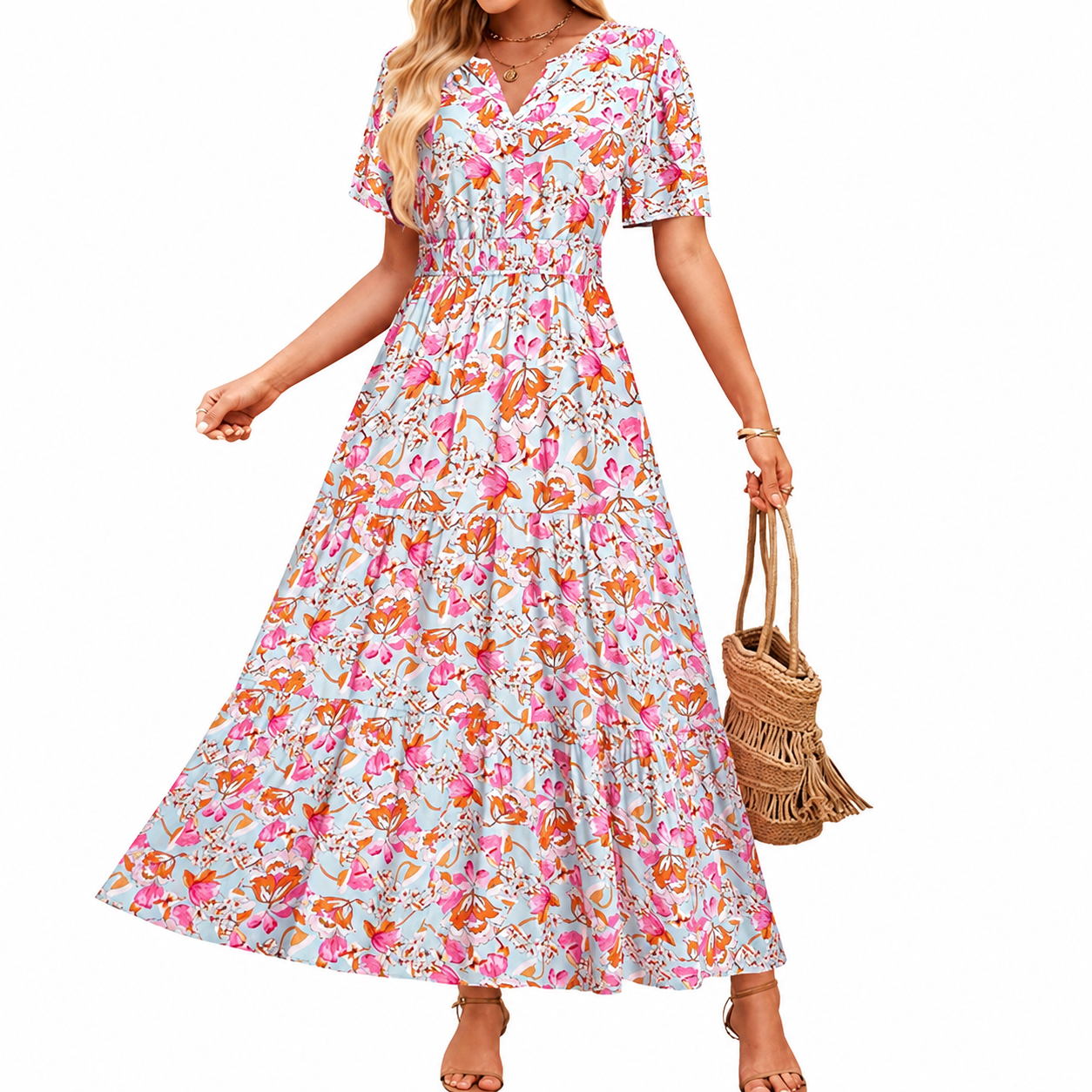 Summer And Spring Floral Casual V Neck Maxi Dresses For Women