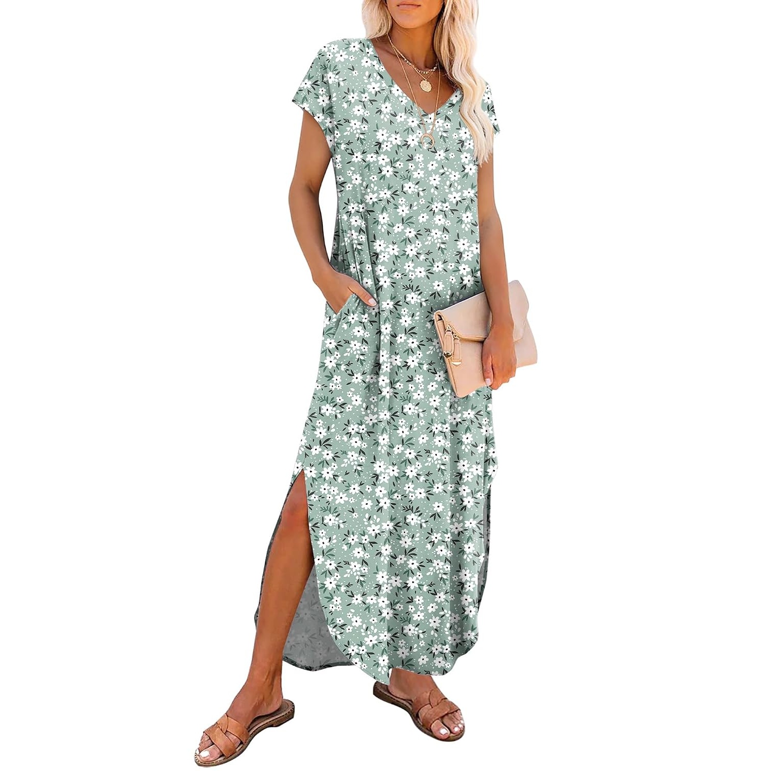 Summer Sundress Cap Sleeve ,Maxi Dress With Pockets For Women