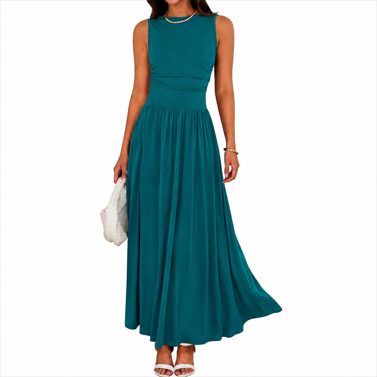 Flowy Sleeveless Maxi Sundress With Ruched Detail For Women