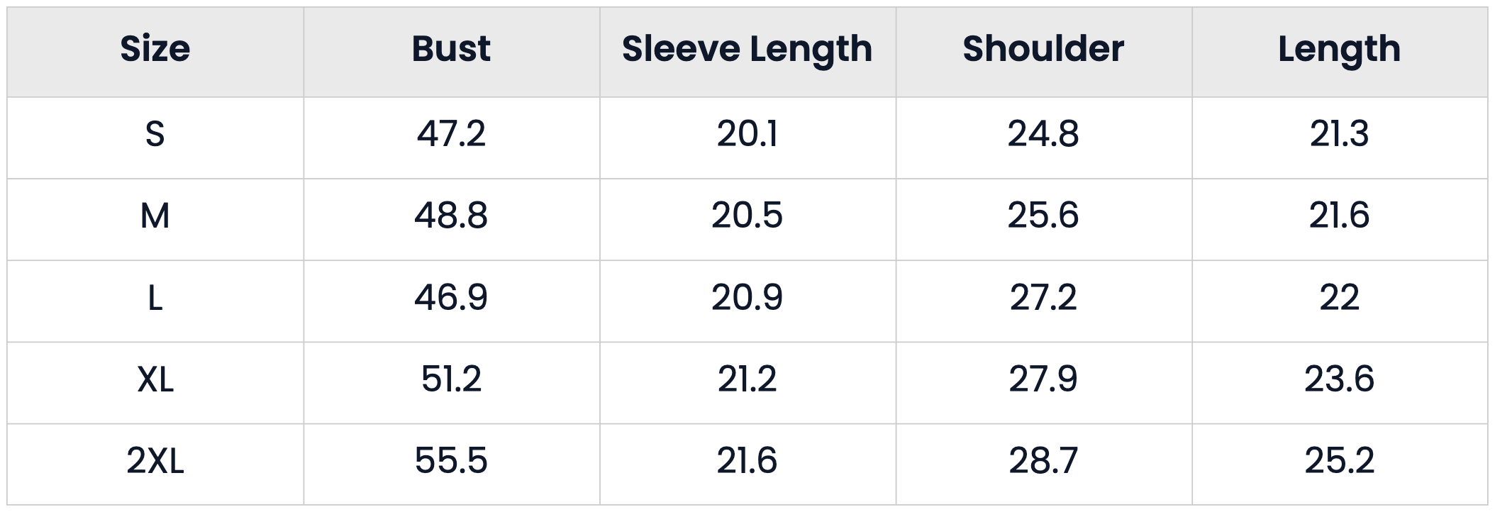 Size Chart for Cropped Warm Quilted Puffer Winter Jacket Coat for Women