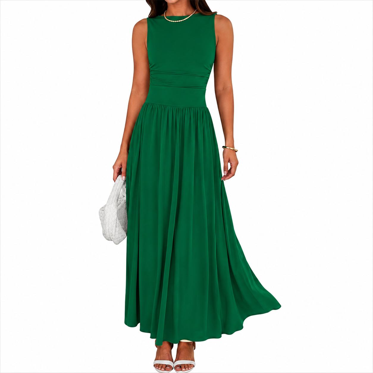 Flowy Sleeveless Maxi Sundress With Ruched Detail For Women