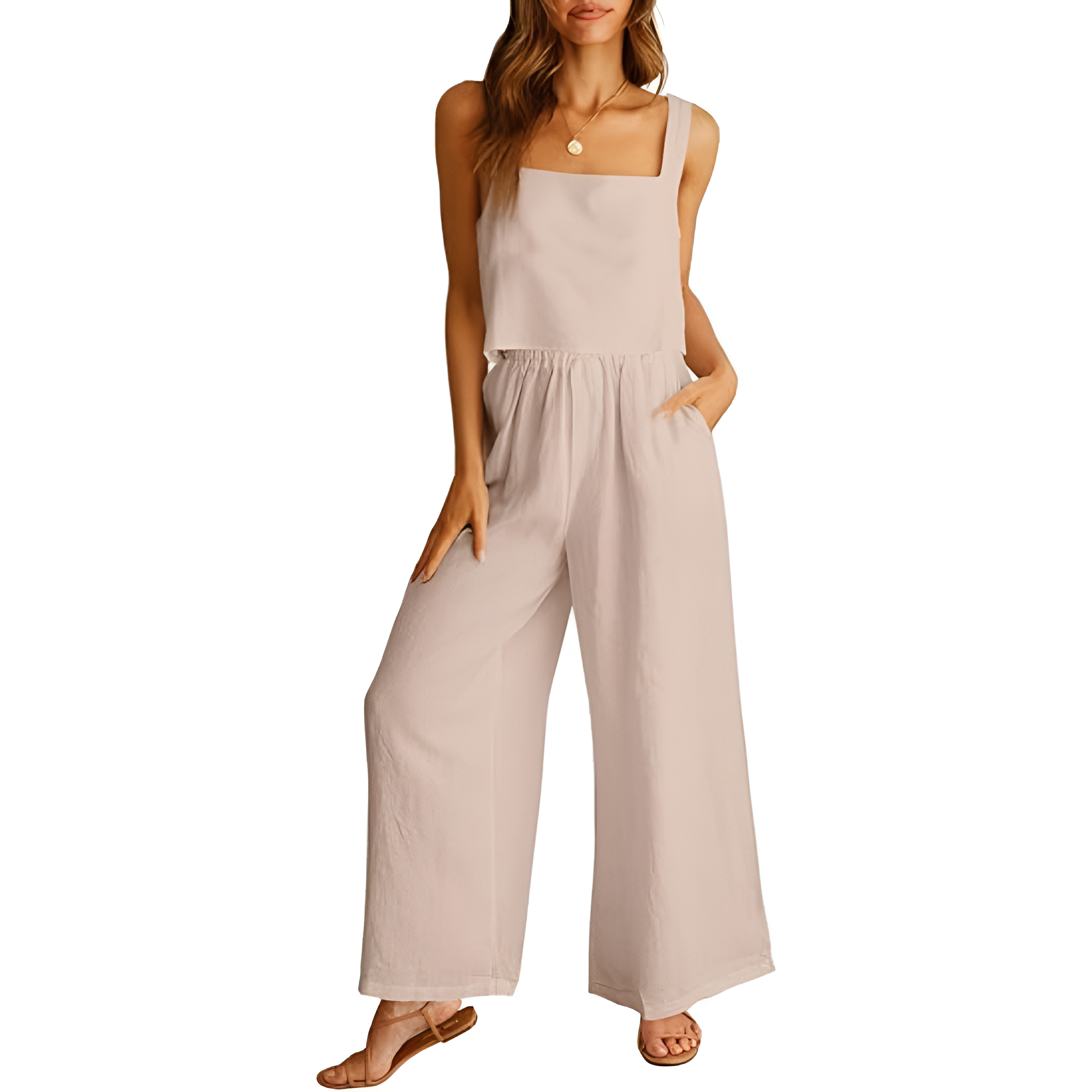 2 Piece Linen Pants Jumpsuit Matching Lounge Set For Women