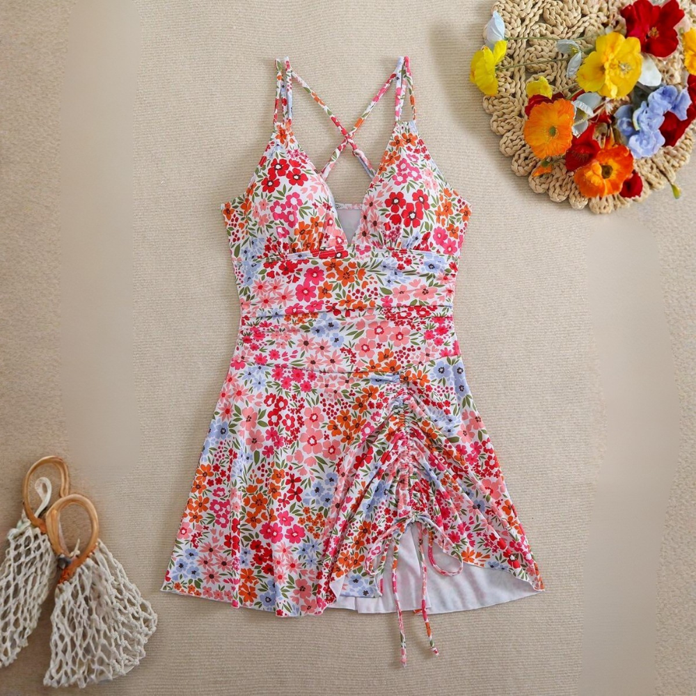 Women's Summer Beach Floral Print Drawstring Criss-Cross V-Neck Ruffle Skort Swimsuit Cover Up