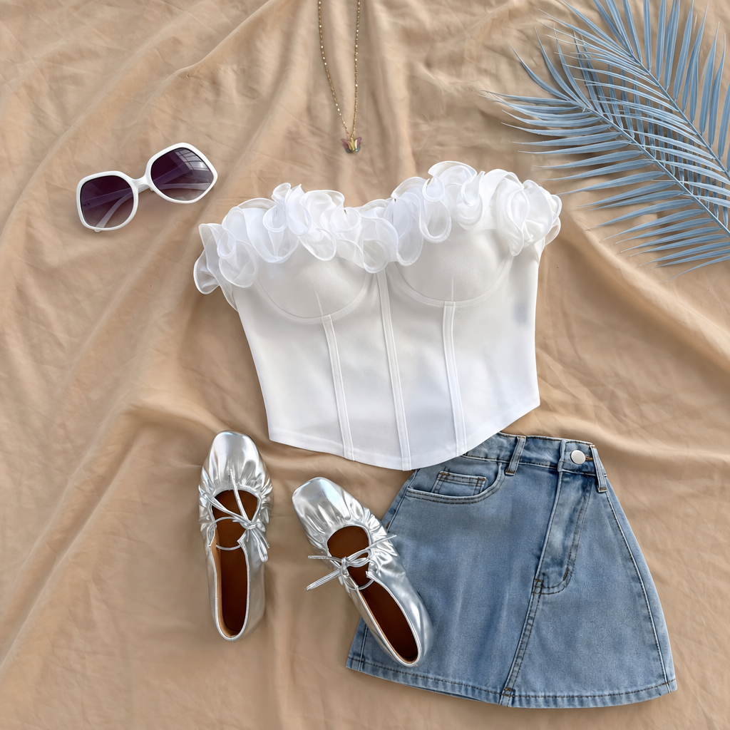 Solid Ruffle Top Suitable With Tie For Women