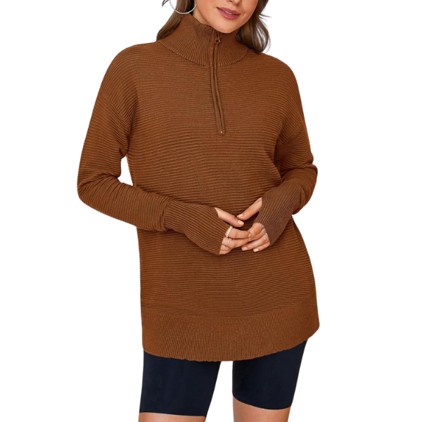 Womens Long Sleeve Quarter Zip Pullover Sweater Casual Loose V Neck Collared Ribbed Knit Jumper Tops Thumb Hole