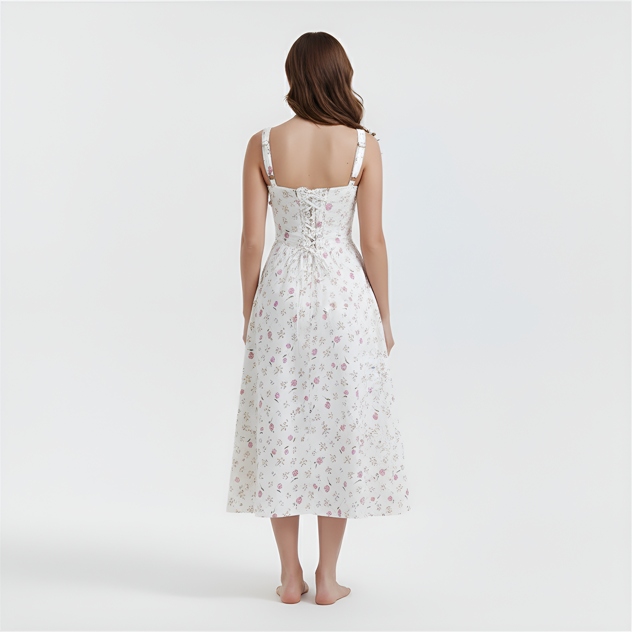 Vintage Floral A Line Corset Midi Dress Summer Sundress