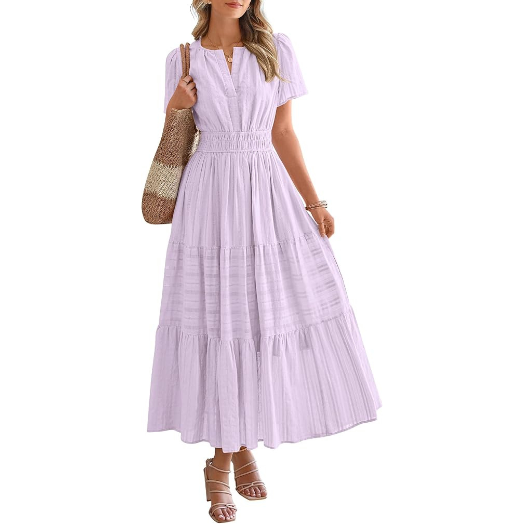 Womens Summer 2026 Casual Midi Maxi Dresses Lightweight Short Sleeve V Neck Elastic Waist Boho Beach Dress Pockets