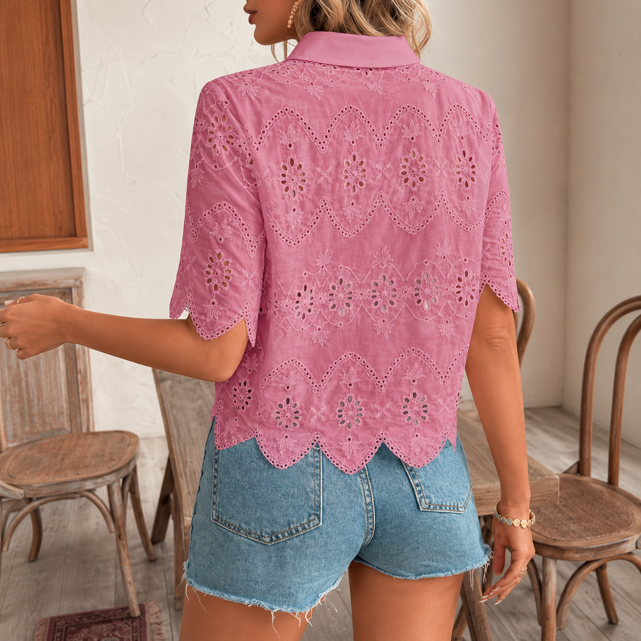 Down Collared Blouses Embroidery Eyelet Short Sleeve With Button For Women