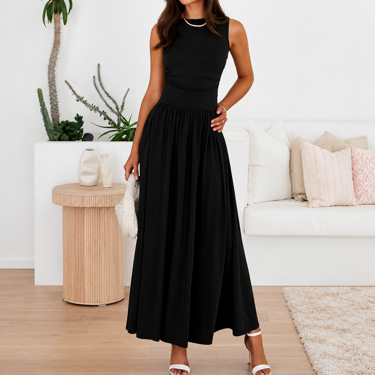 Flowy Sleeveless Maxi Sundress With Ruched Detail For Women