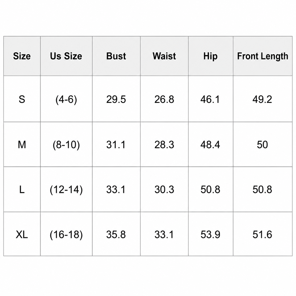 Size Chart Dress