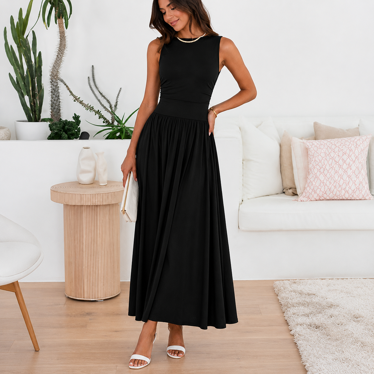 Flowy Sleeveless Maxi Sundress With Ruched Detail For Women