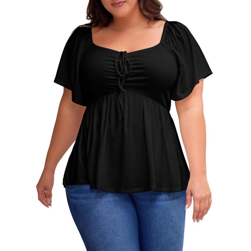 Plus Size Short Sleeves Shirred Peplum Blouse Top For Women