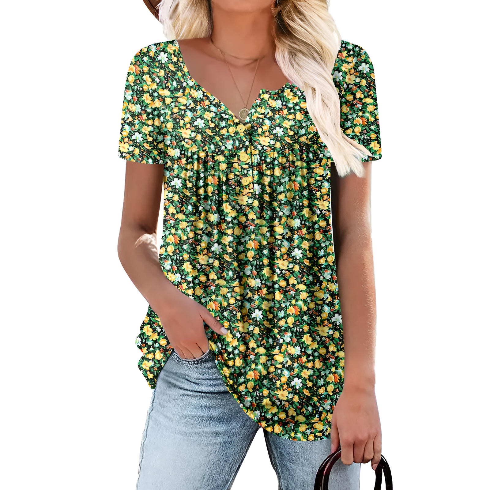 Floral Print Short Sleeve Summer Tunic Top Loose Fit Blouse