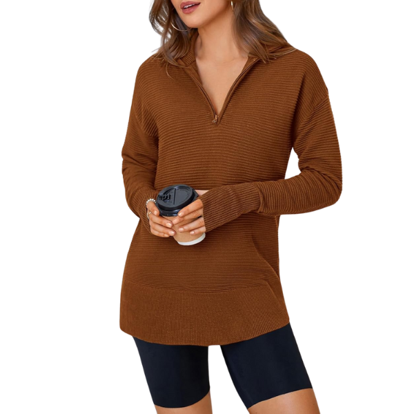 Womens Long Sleeve Quarter Zip Pullover Sweater Casual Loose V Neck Collared Ribbed Knit Jumper Tops Thumb Hole