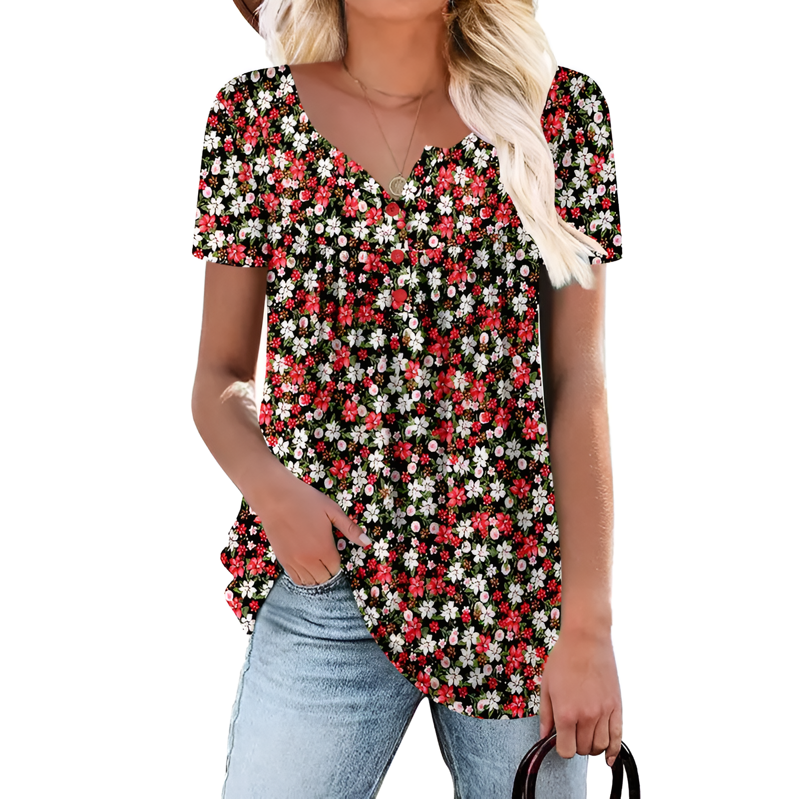 Floral Print Short Sleeve Summer Tunic Top Loose Fit Blouse