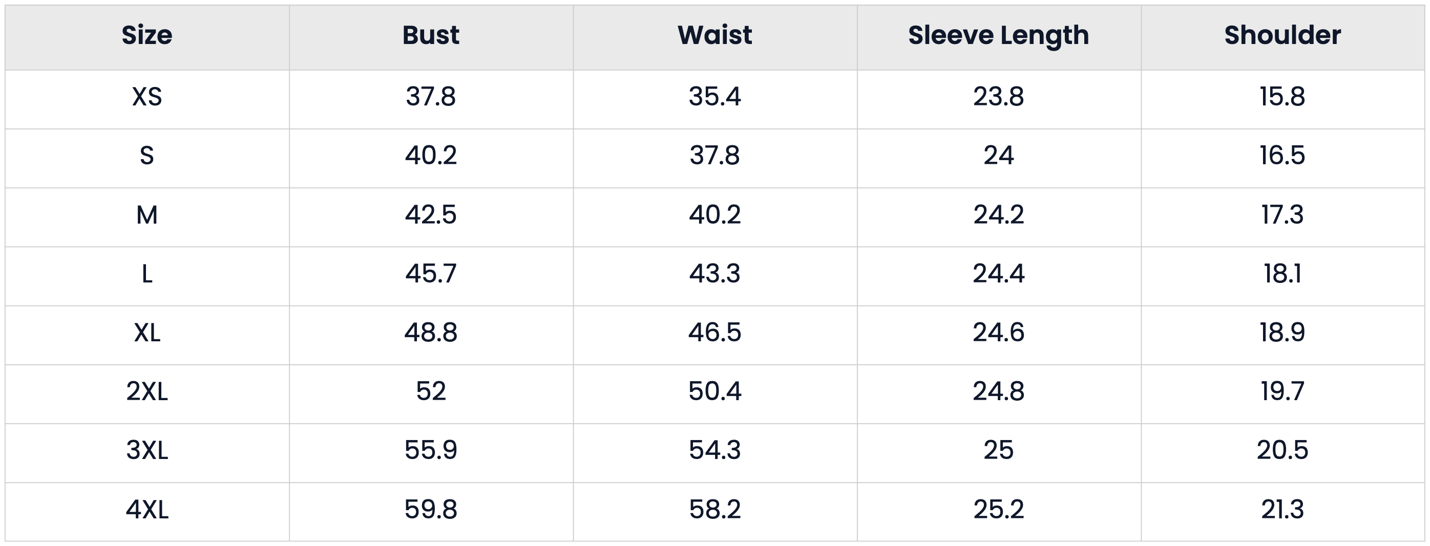 Size Chart for Fleece Lined Waterproof Softshell Rain Jacket for Women